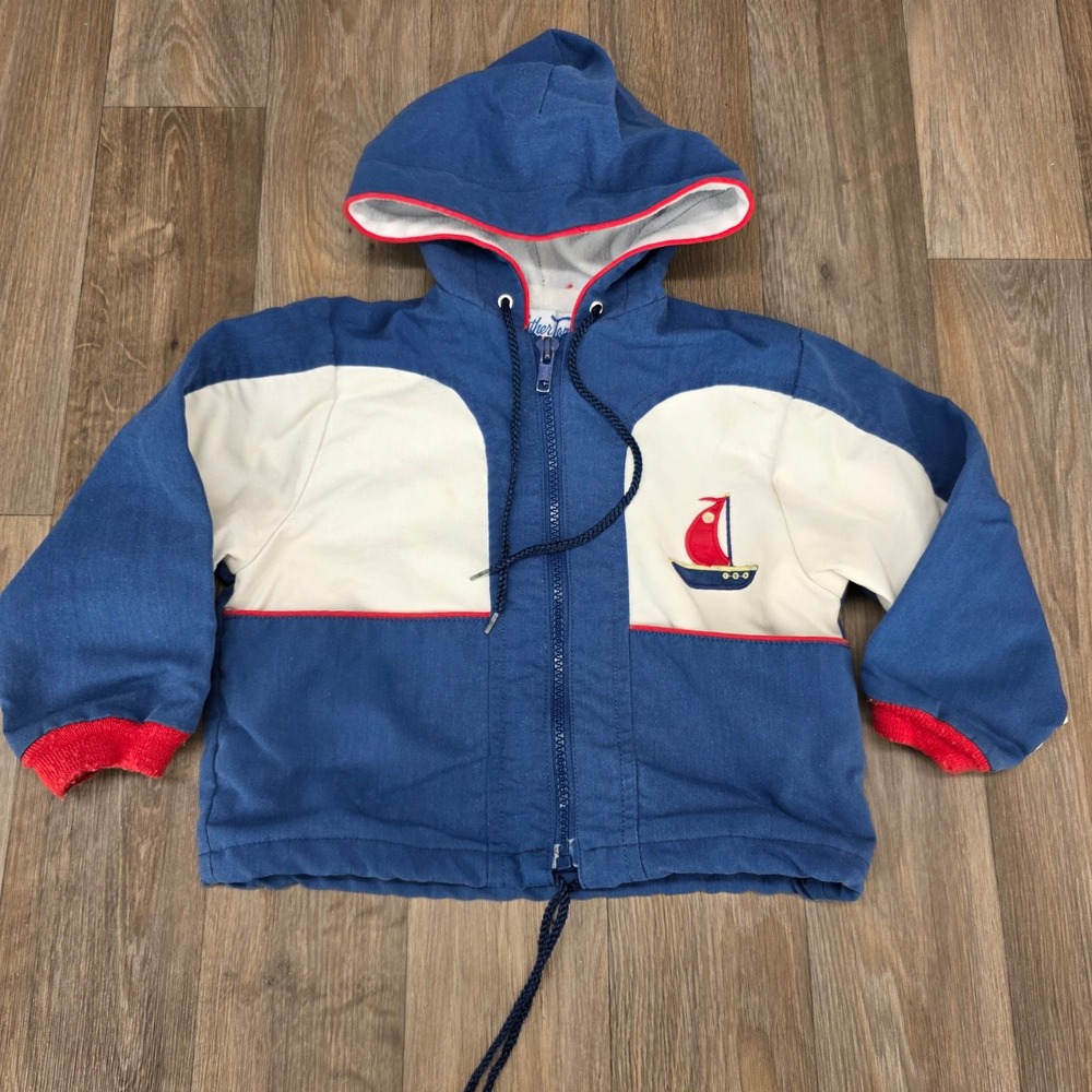 Vintage Weather Tamer Boys 3T Sailboat Nautical Zip Up Hooded Jacket Blue USA